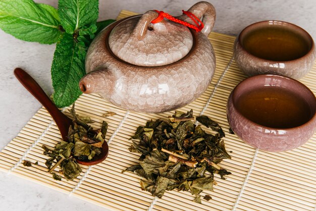 Ceramic teapot with herbal teacup; mint and dried tea leaves on placemat