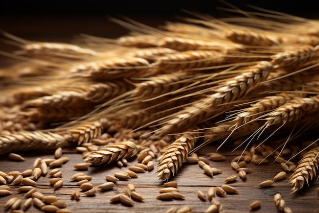 Cereal grains on wooden table close up rye or ear of wheat