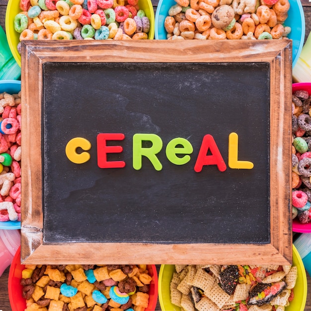 Cereal inscription on old chalkboard on bowls 