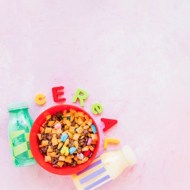 Cereal inscription with bowl on table 