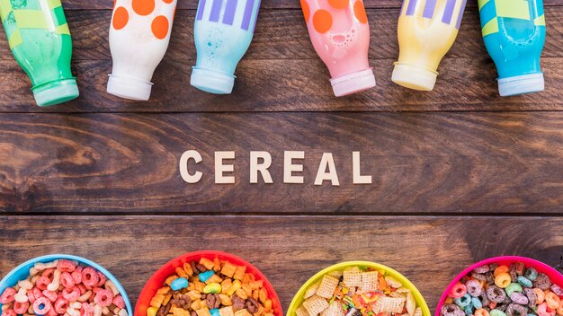 Cereal inscription with bowls and bottles