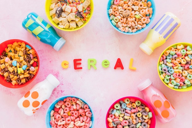 Cereal inscription with bowls on light table