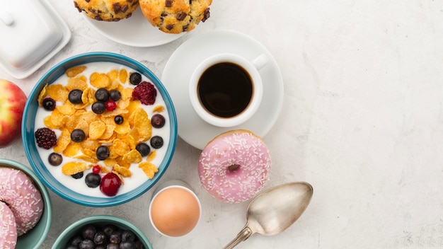 Cereals, coffee and donut