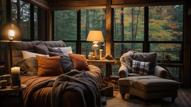 Chair sits in a cabinstyle bedroom