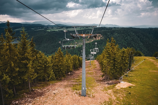 Chairlifts surrounded by hills covered in greenery under a cloudy sky