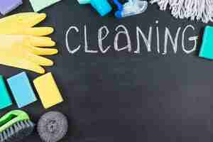 Free photo chalk written cleaning text with various equipments