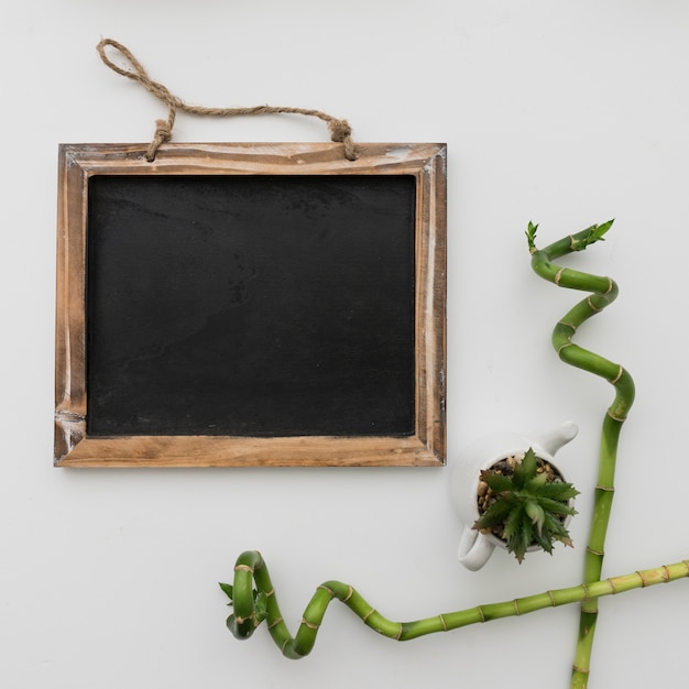 Chalkboard and flower pot with bamboo sticks