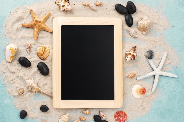 Chalkboard on sand with shellfish