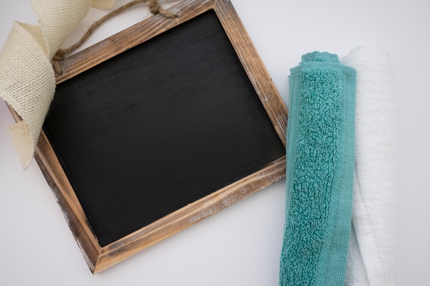 Chalkboard, towel and tape