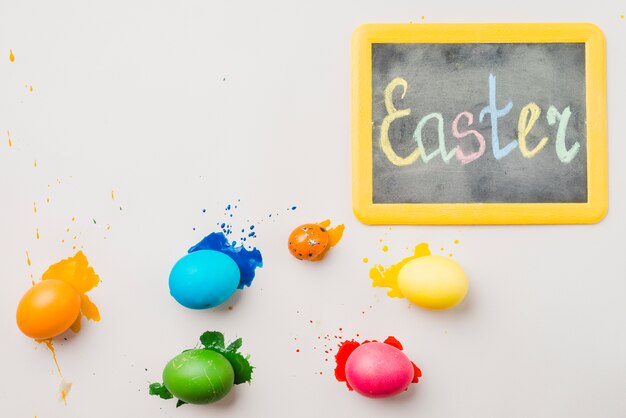 Chalkboard with Easter title near collection of colored eggs