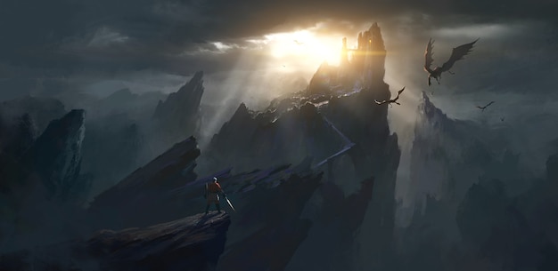 The challenger stands in front of the spooky castle illustration.