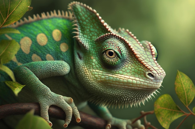 Chameleon on a branch in the forest closeup