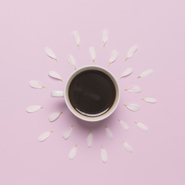 Chamomile petals around coffee cup