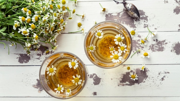 Chamomile tea cups top view