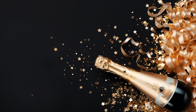 Foto gratuita la bottiglia di champagne esplode, i confetti d'oro riempiono l'aria generata dall'ia.