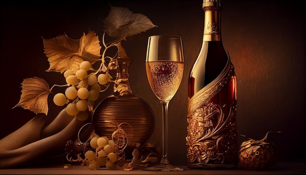 Бесплатное фото Бутылка шампанского стоит на элегантном осеннем столе, созданном ии