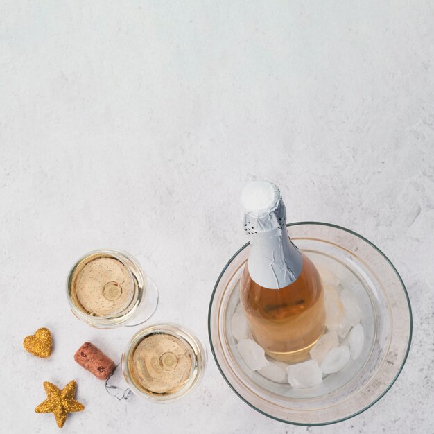 Champagne glasses and bottle with copy space