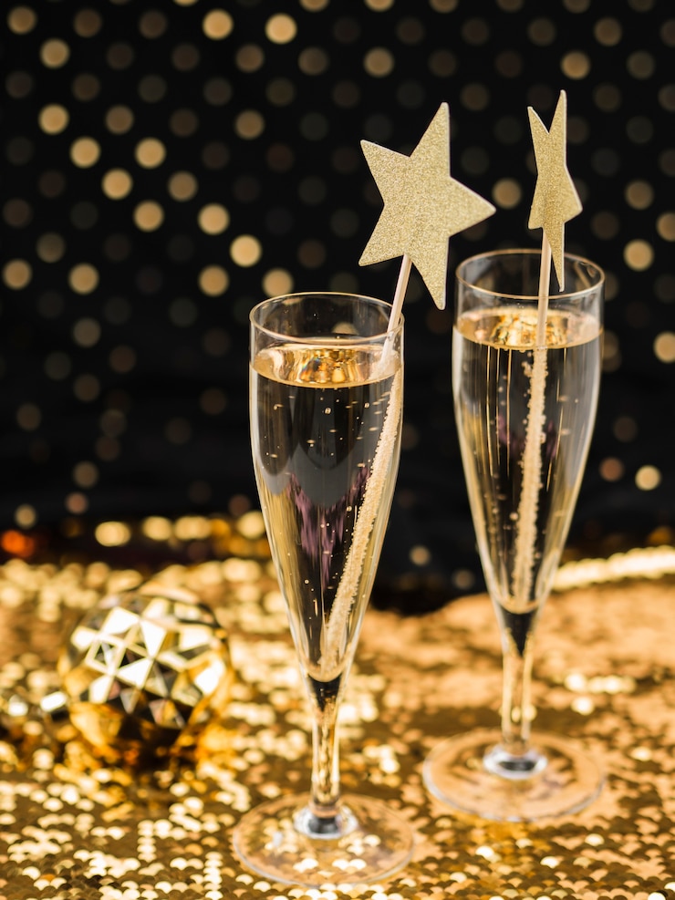 Free Photo champagne glasses on golden fabric