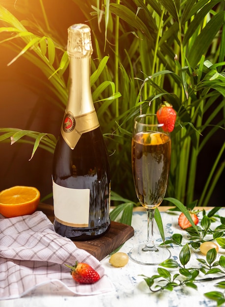 Champagne, prosecco bottle with two filled glasses on a table with citrus fruis and herbs 