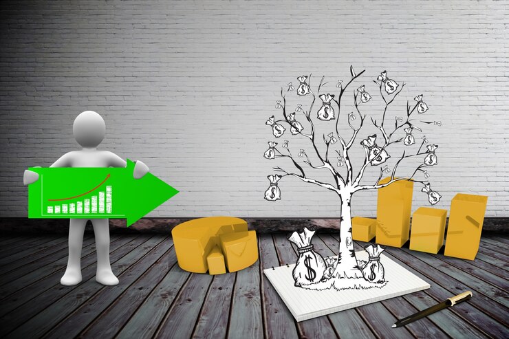 Character holding a green arrow next to a tree with money