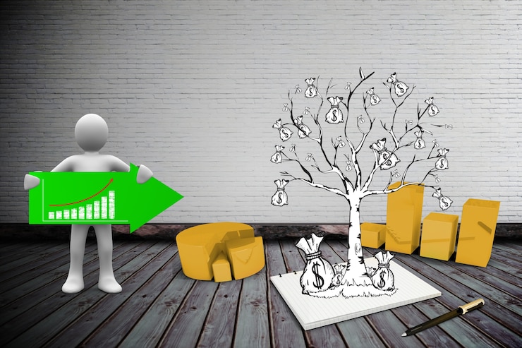 मुफ़्त फोटो character holding a green arrow next to a tree with money