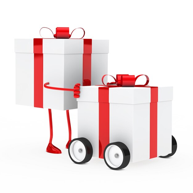 Character moving a present with wheels
