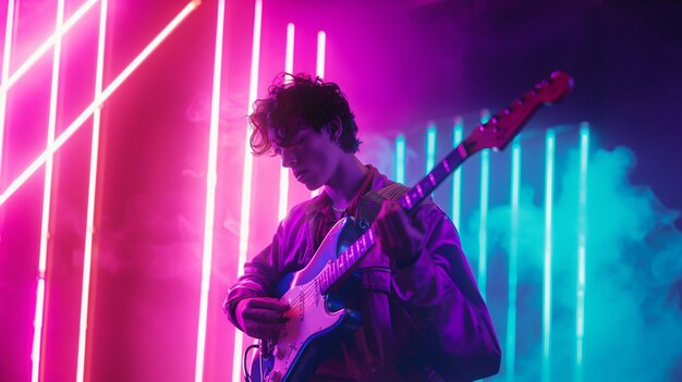 Foto gratuita personaggio che suona la chitarra elettrica