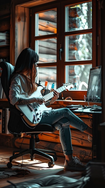 Free photo character playing electric guitar