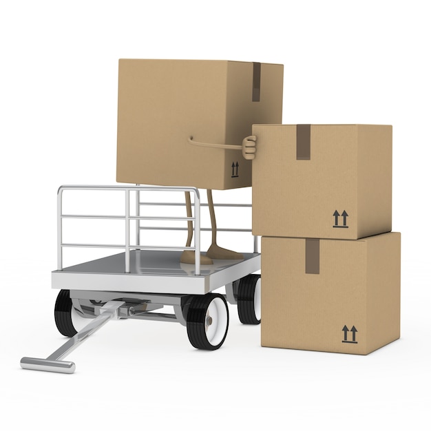 Free photo character on a trailer placing cardboard boxes