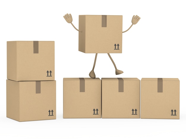 Character with raised arms above some boxes