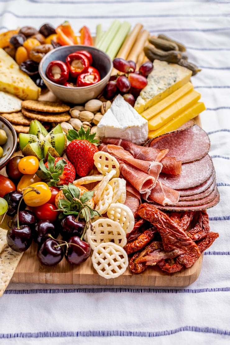Free Photo charcuterie board with cold cuts, fresh fruits and cheese close up