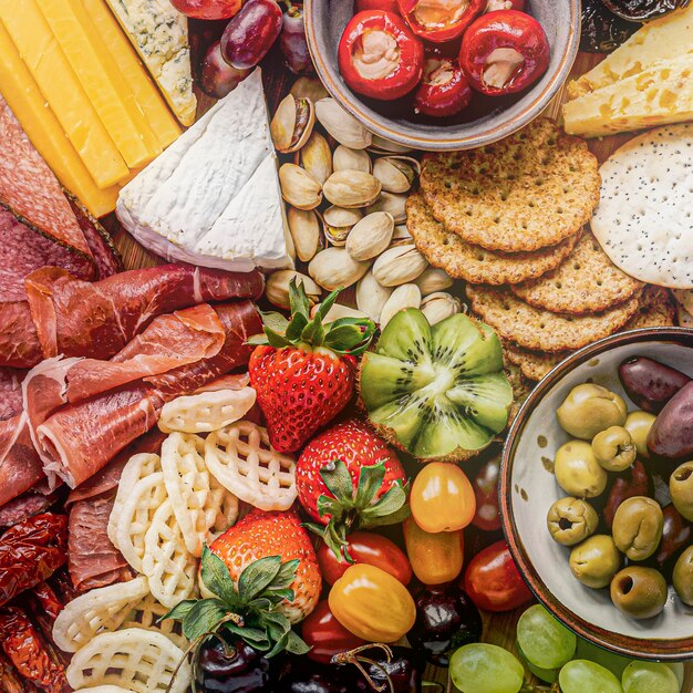 Charcuterie board with cold cuts, fresh fruits and cheese