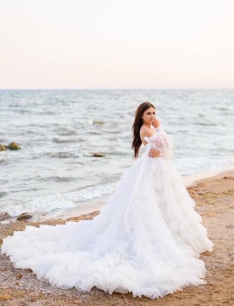 아름다운 푹신한 웨딩 드레스를 입고 바다 해변에 서 있는 매력적인 신부 여성 모델은 배경의 매력적인 얼굴 자연 풍경 근처에서 손을 잡고 있습니다.