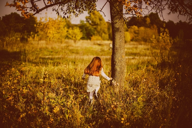 Charming little girl runs in tall autumn grass 