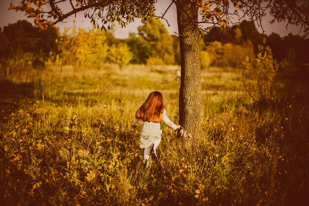 Charming little girl runs in tall autumn grass 