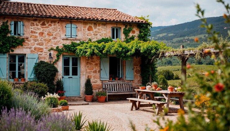 Free Photo charming stone cottage with garden and vineyard view