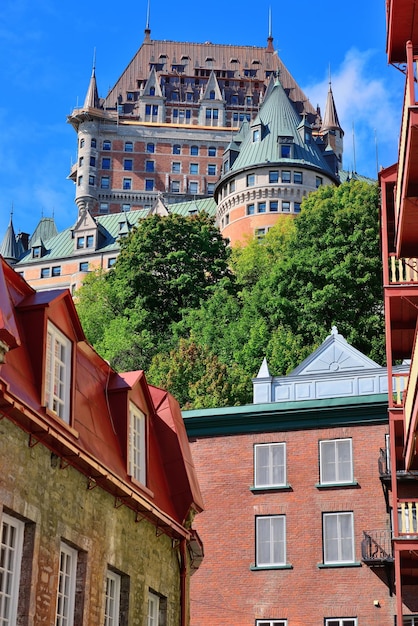 Chateau Frontenac in the day with cloud and blue sky in Quebec City with street