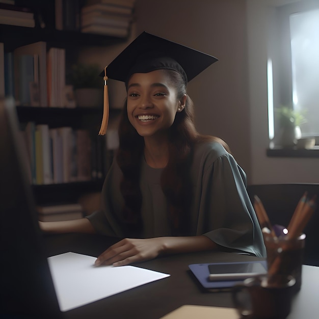 Free photo cheerful african american female student in graduation cap sitting at desk in library and looking at camera