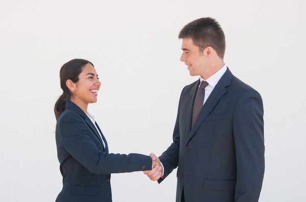 Cheerful business partners shaking hands