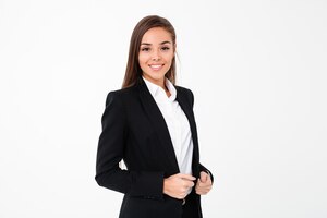 Cheerful business woman standing isolated
