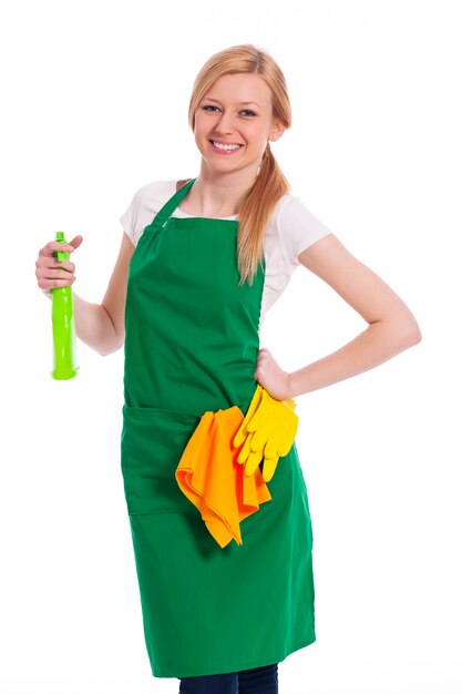 Cheerful cleaner with liquid and protective glove