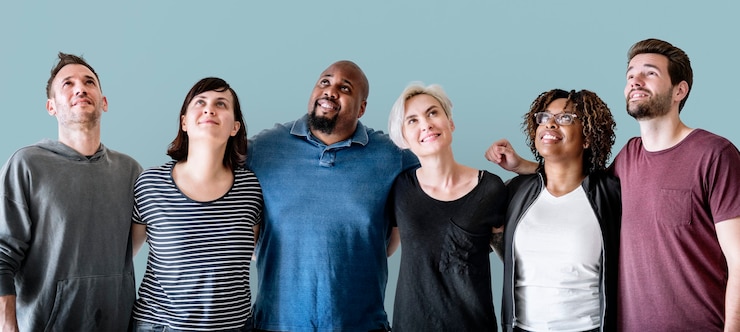 Free Photo cheerful diverse friends with arms around