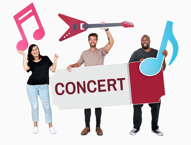 Free photo cheerful diverse people holding music icons