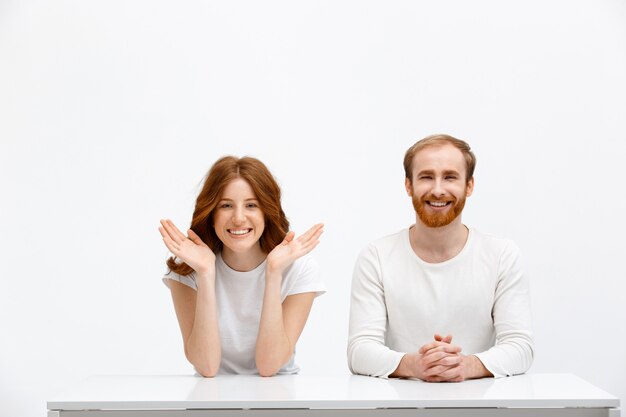 Cheerful girl open face, man smiling happy