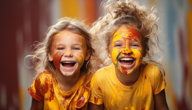 무료 사진 인공지능이 만들어낸 다채로운 축제를 즐기며 웃고 있는 명랑한 소녀들