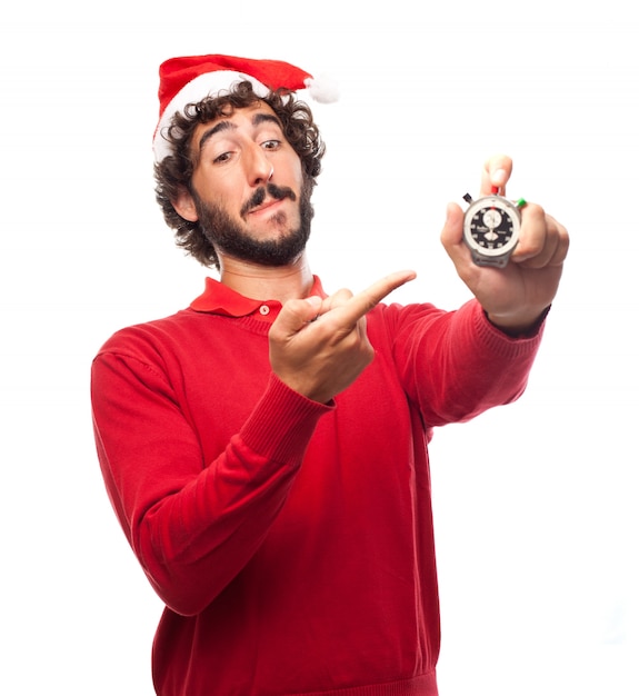 Cheerful guy pointing a chronometer