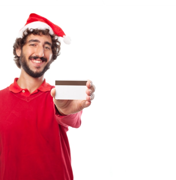 Cheerful guy showing his debit card