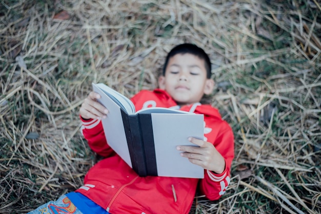 Cheerful Little Boy Reading Book