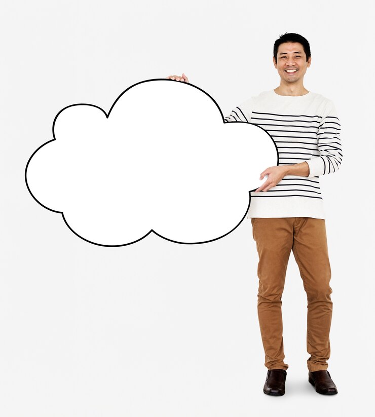 Free Photo cheerful man holding a blank white cloud