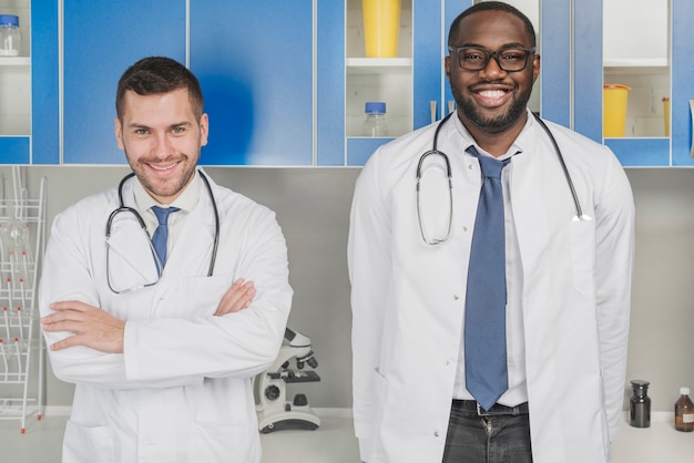 Cheerful multiracial doctors in hospital